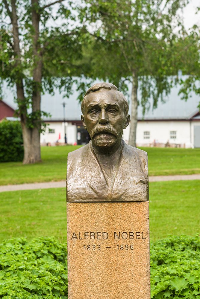 Sweden-Varmland-Karlskoga-Bjorkholm-the home of inventor Alfred Nobel-statue of Nobel art print by Walter Bibikow for $57.95 CAD